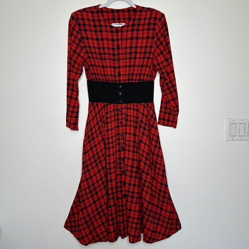 Vintage Clues Collection Shirtdress Plaid Long‎ Sleeve Red Black Pockets